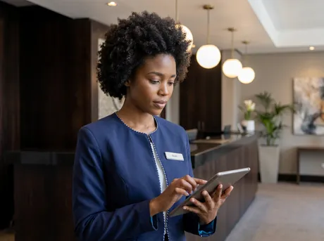 Hotel front-desk staff member checking assignments on a tablet
