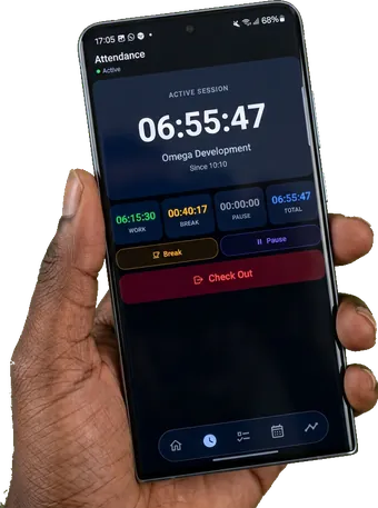 Attendance app showing an active six-hour work session at a site, with work, break and pause time tracked
