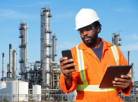 Field engineer at a refinery checking equipment status on a phone and tablet